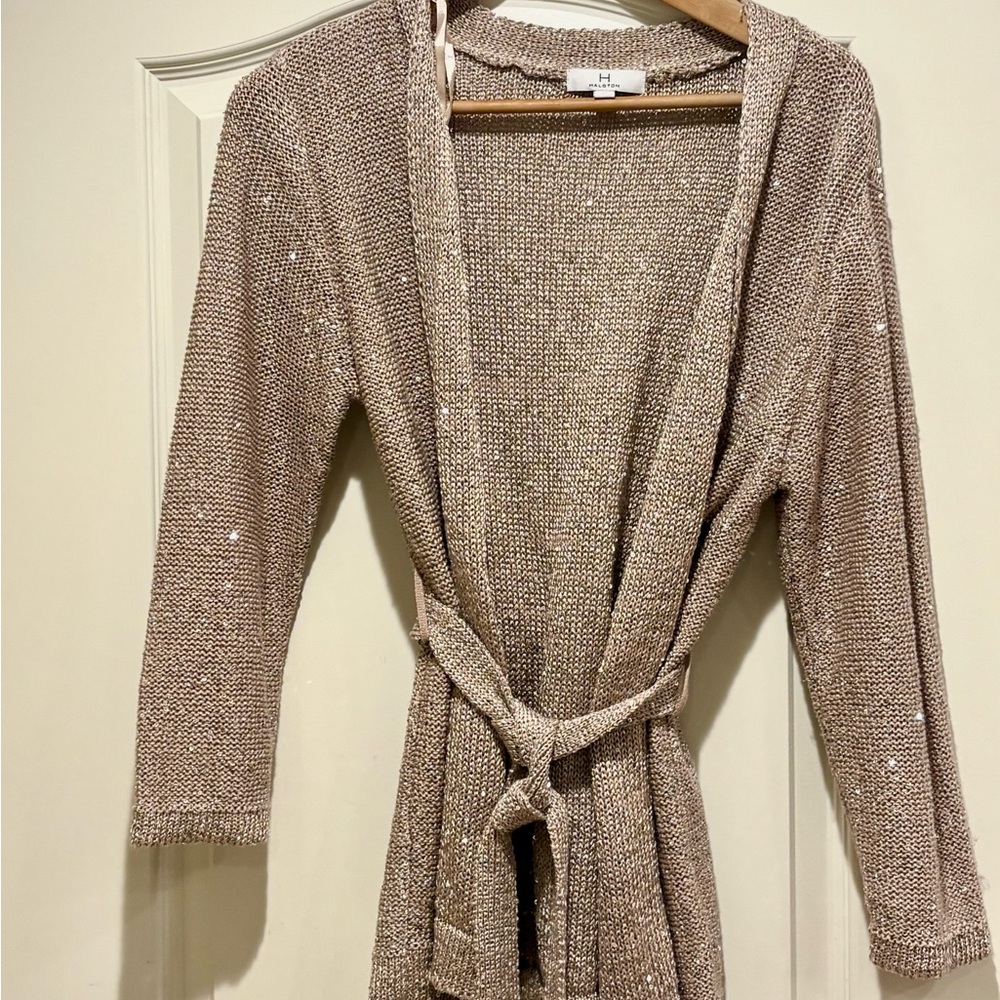 Halston Heritage Metallic Knit wrap Sweater 3/4 length sleeve beige
